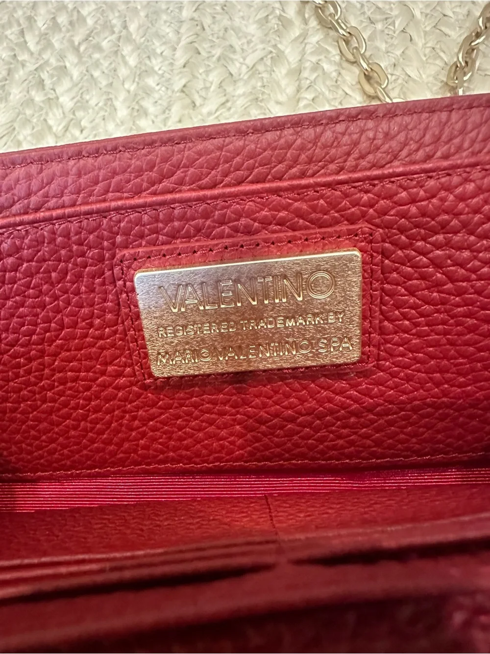 Valentino Cherry Red Pebbled Leather Crossbody with Gold Chain